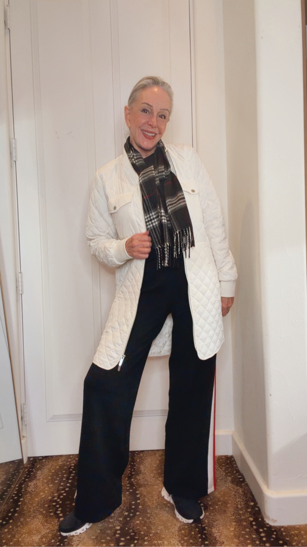 Colorblock wide leg track pant
Mid length barn jacket 
Hoka sneakers are amazingly comfortable 
Plaid winter wool scarf 

#LTKSaleAlert #LTKActive #LTKOver40