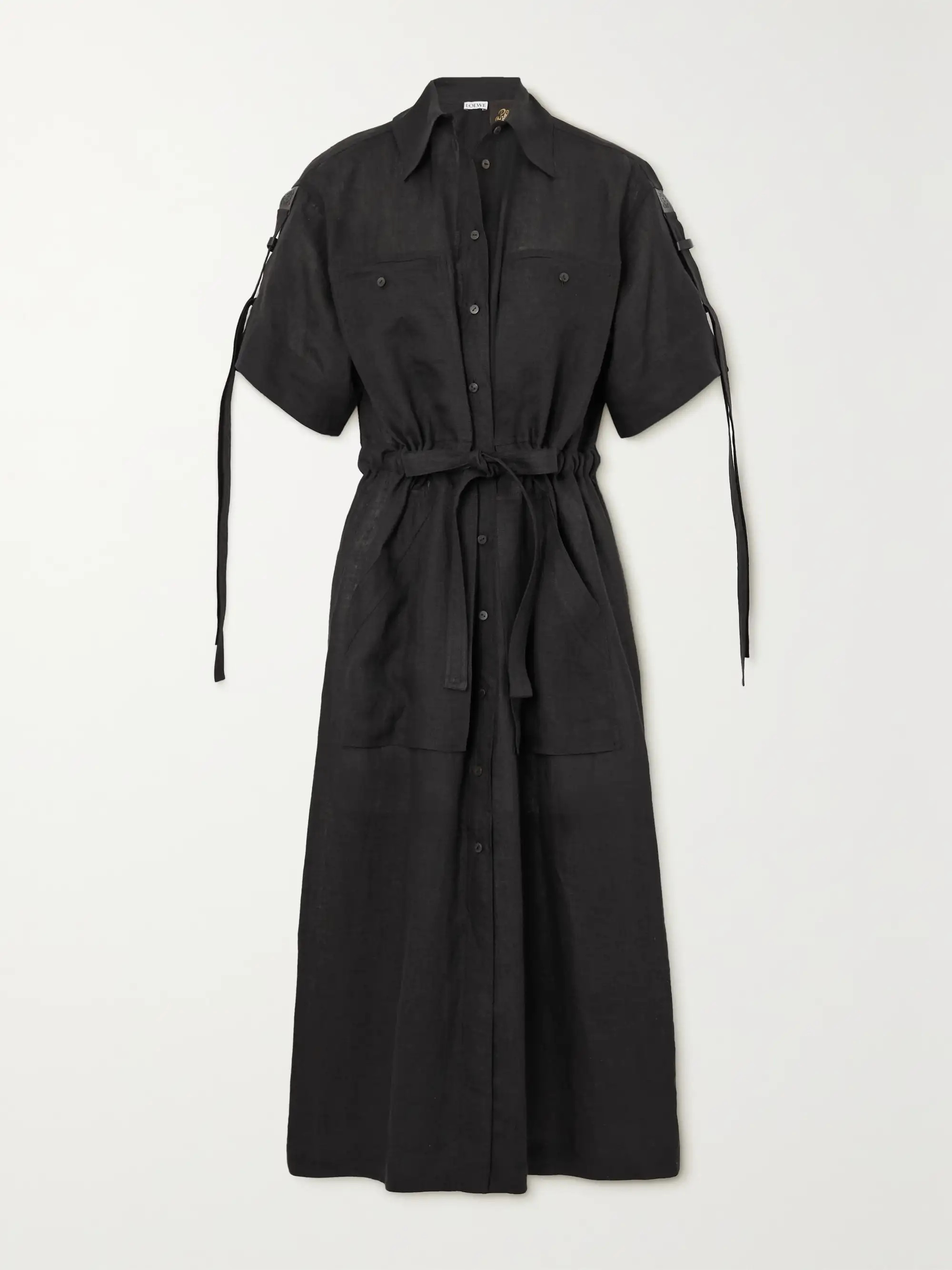 LOEWE+ Paula's Ibiza belted leather-trimmed linen midi dress | NET-A-PORTER (US)