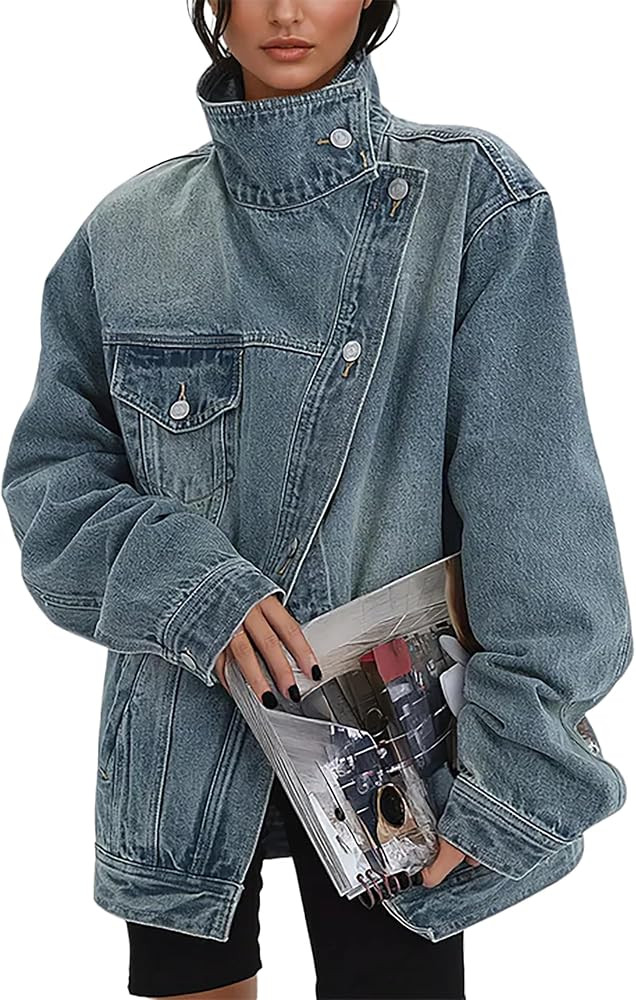 Denim Jackets for Women Trendy Oversized Long Sleeve Lapel Jean Jacket with Pockets Casual Street... | Amazon (US)