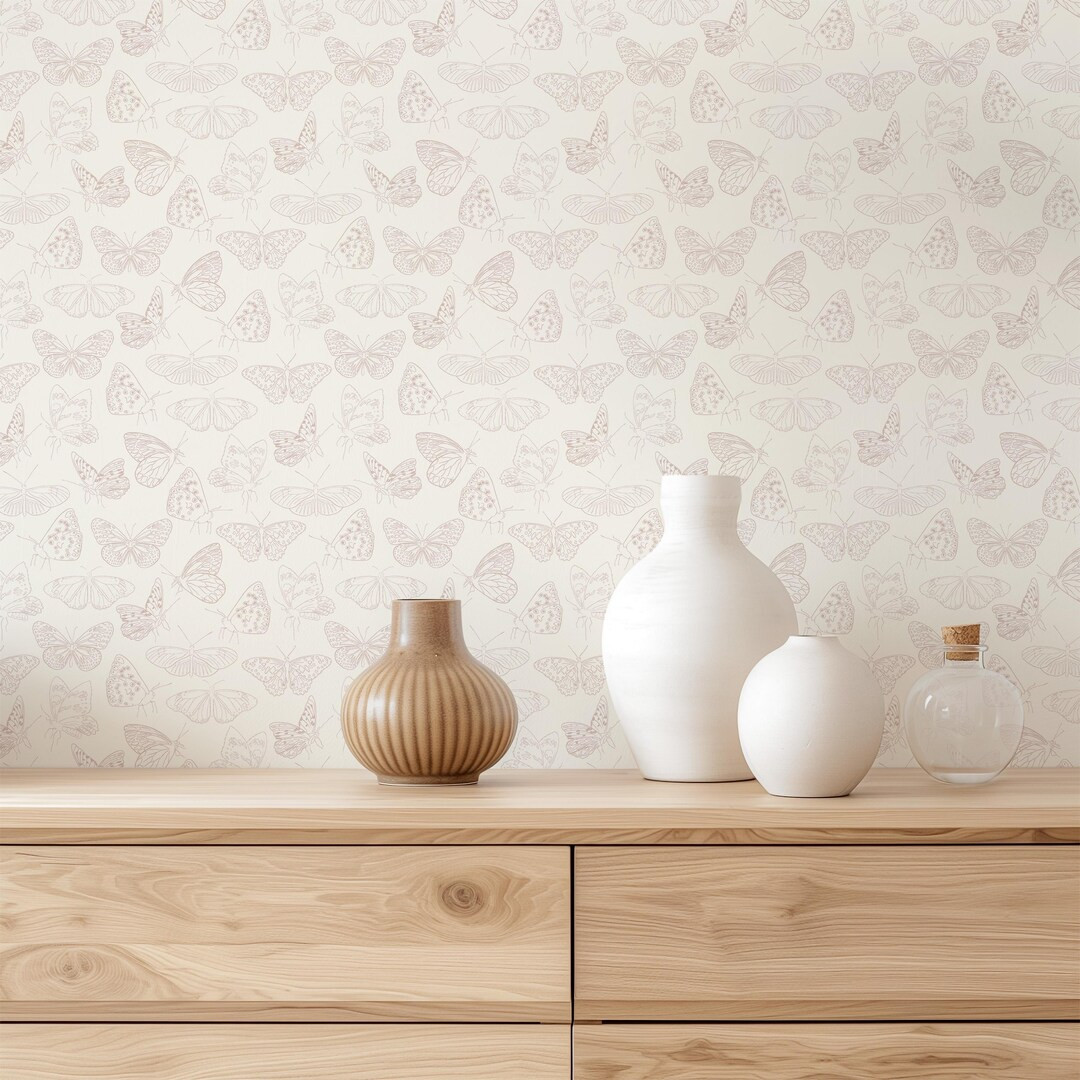 Flying Flowers Wallpaper, Minimalist Line Art Butterflies, Peel and Stick or Pre-pasted, Girls Ro... | Etsy (US)