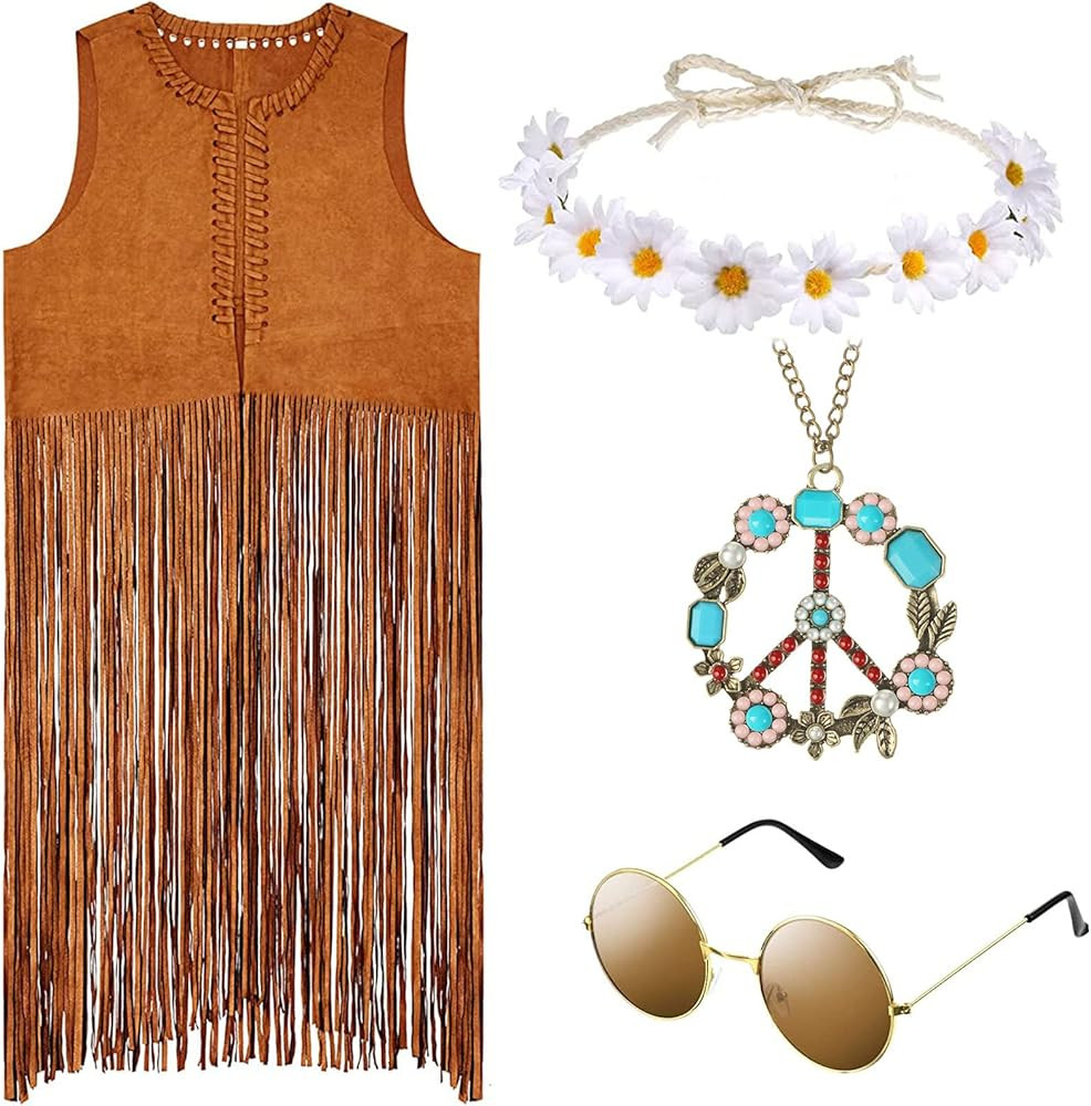 Zhanmai 4 Pieces Halloween Women Hippie Costume Set Fringe Vest Faux Suede Tassel Vest Bohemia He... | Amazon (US)