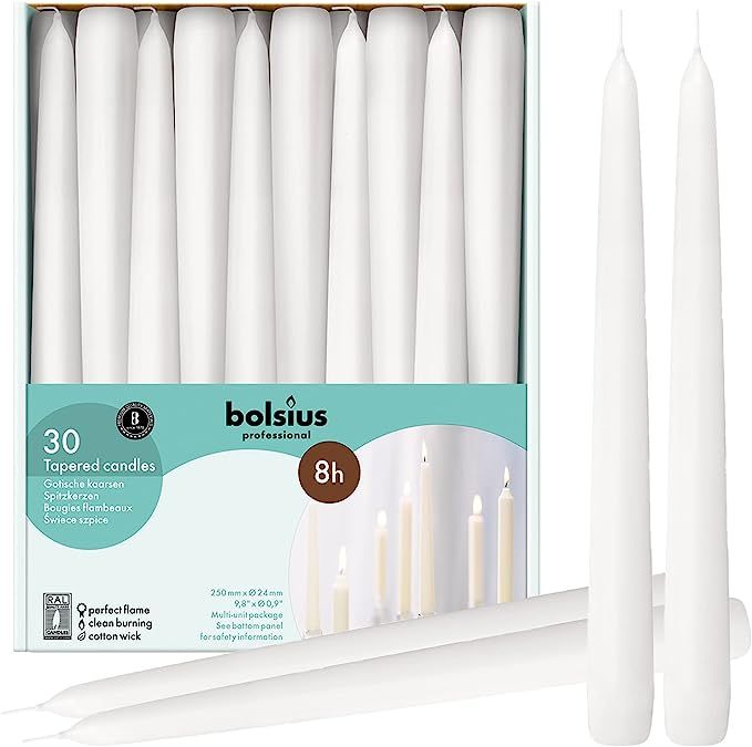 BOLSIUS Long White Taper Candles - Bulk Pack of 30 Count - 10-inch Unscented Household Candlestic... | Amazon (US)
