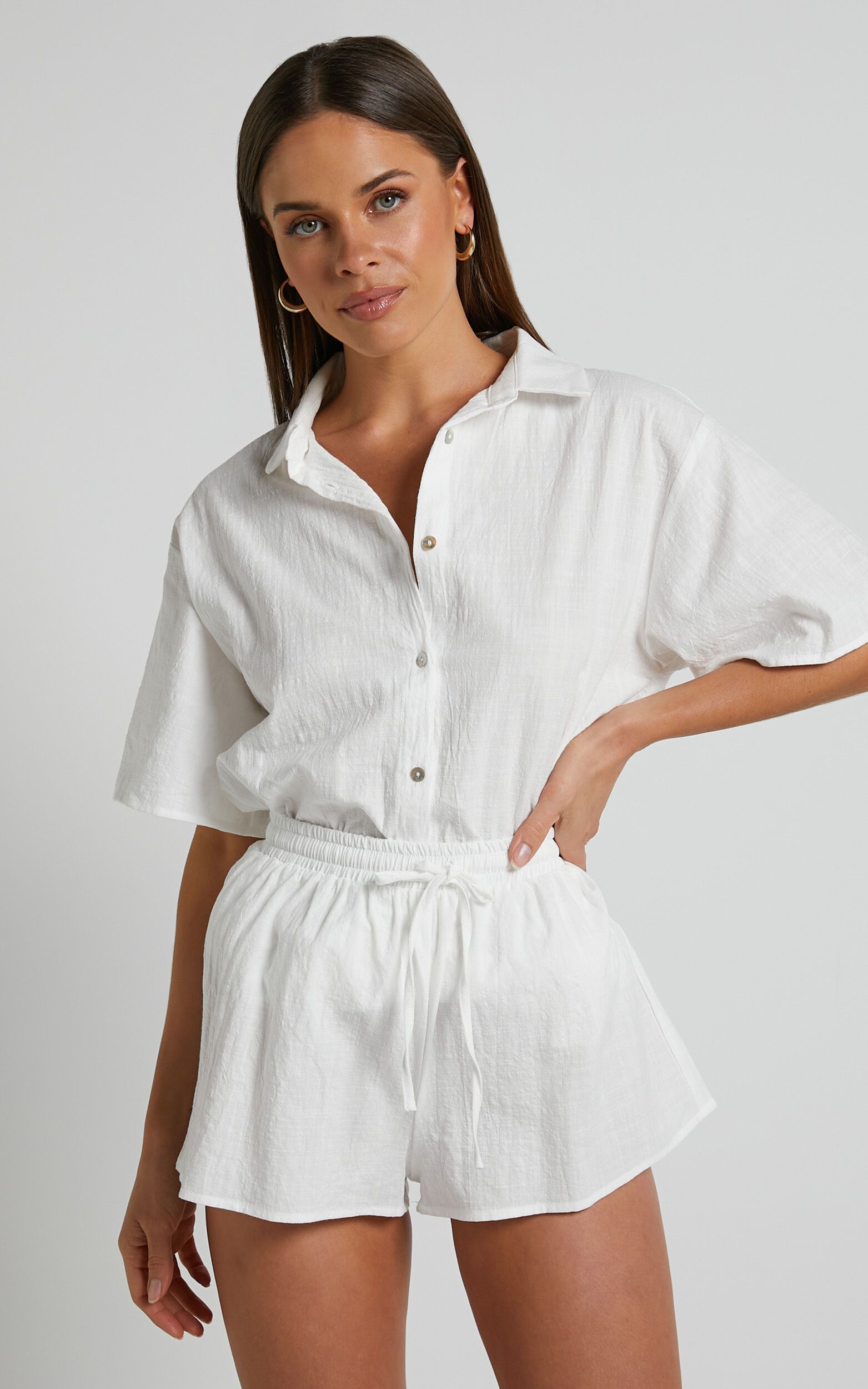 Vina del Mar Button Up Shirt and Shorts Two Piece Set in White | Showpo (US, UK & Europe)