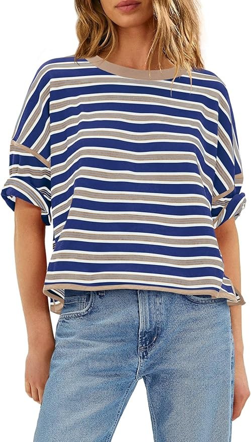 Panadila Womens Striped Shirt Short Sleeve Tops Summer Casual Oversized Tshirts Crew Neck Boxy Te... | Amazon (US)