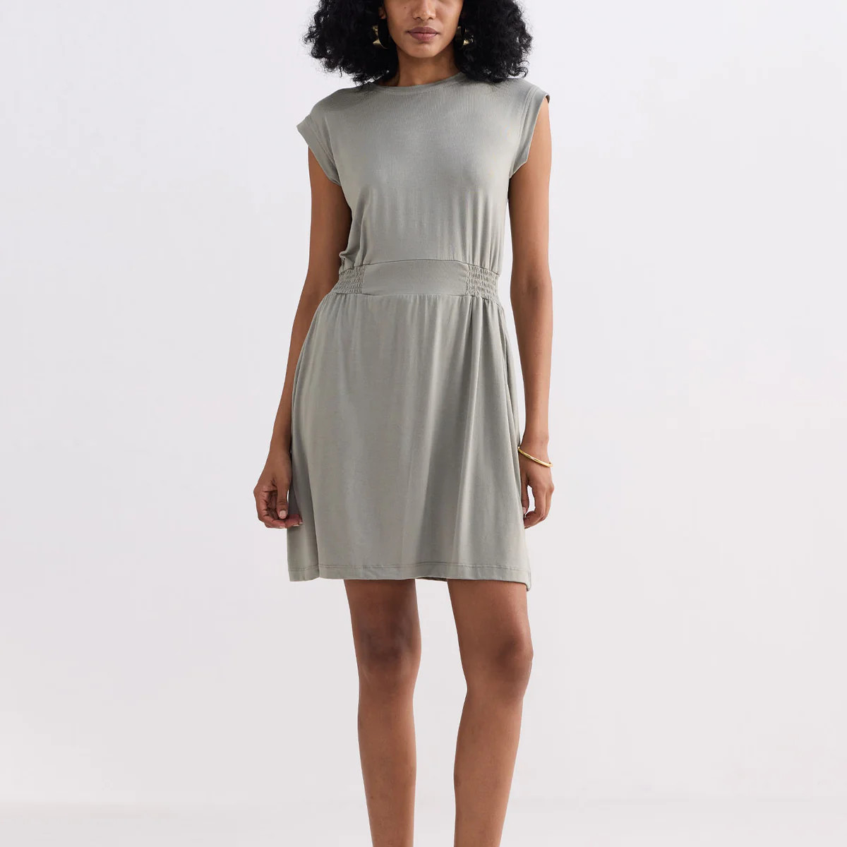 Short Dress With Smocking Side Detail in Light Olive | Reistor