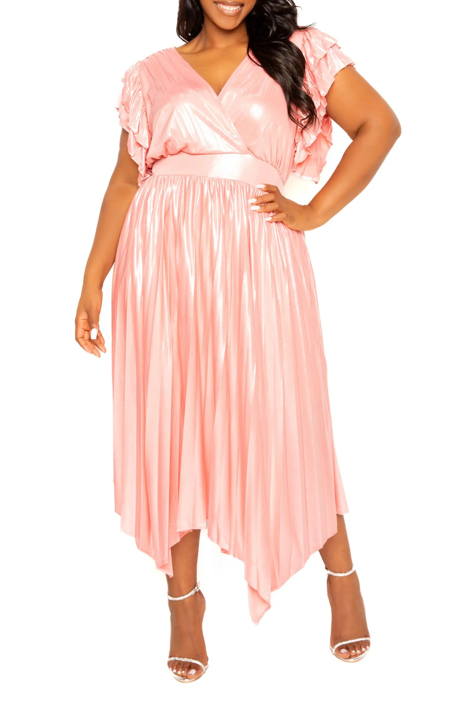 BUXOM COUTURE Metallic Pleated Flutter Sleeve Maxi Dress | Nordstrom | Nordstrom