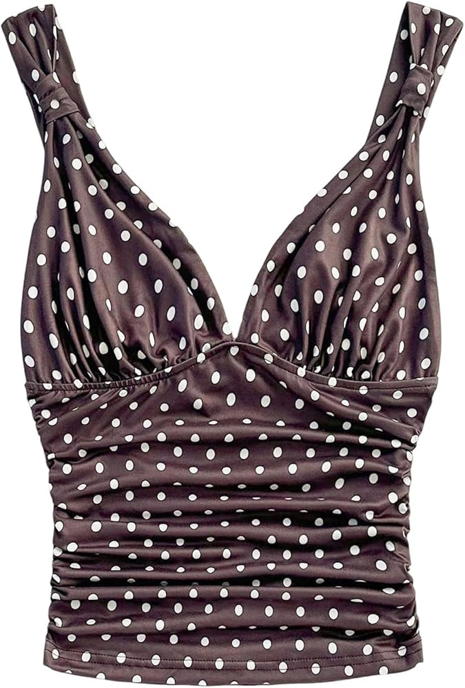 GORGLITTER Women's Polka Dots Tank Top Ruched Deep V Neck Sexy Trendy Going Out Top Cute Summer O... | Amazon (US)