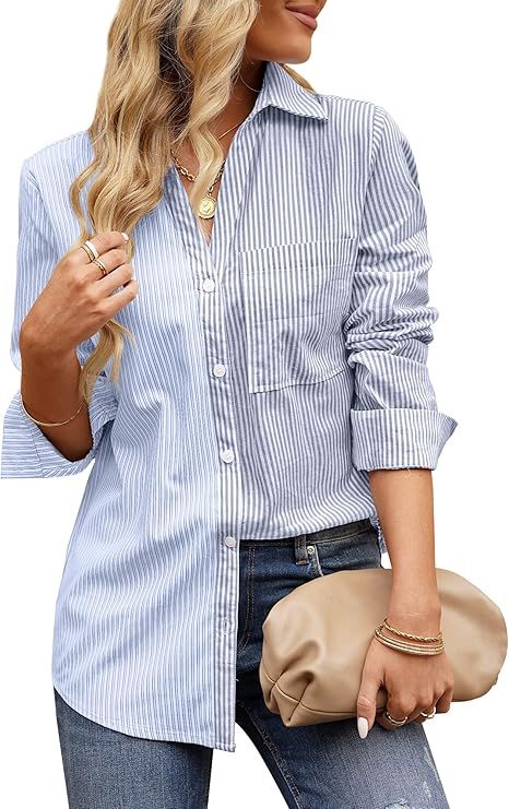 GRAPENT Women's Casual Button Down Shirt Striped Blouse Colorblock Long Sleeve Top | Amazon (US)