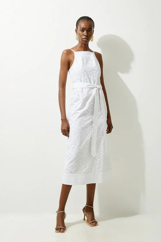 Cotton Broderie Woven Belted Midaxi Dress | Karen Millen AUS