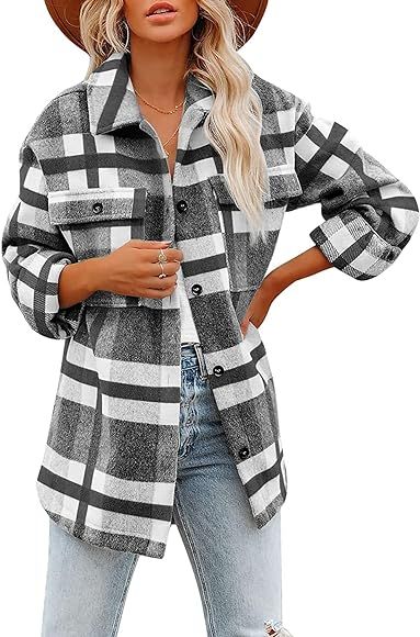 Beaully Women's Flannel Plaid Shacket Long Sleeve Button Down Shirts Jacket Coats with Side Pockets | Amazon (US)