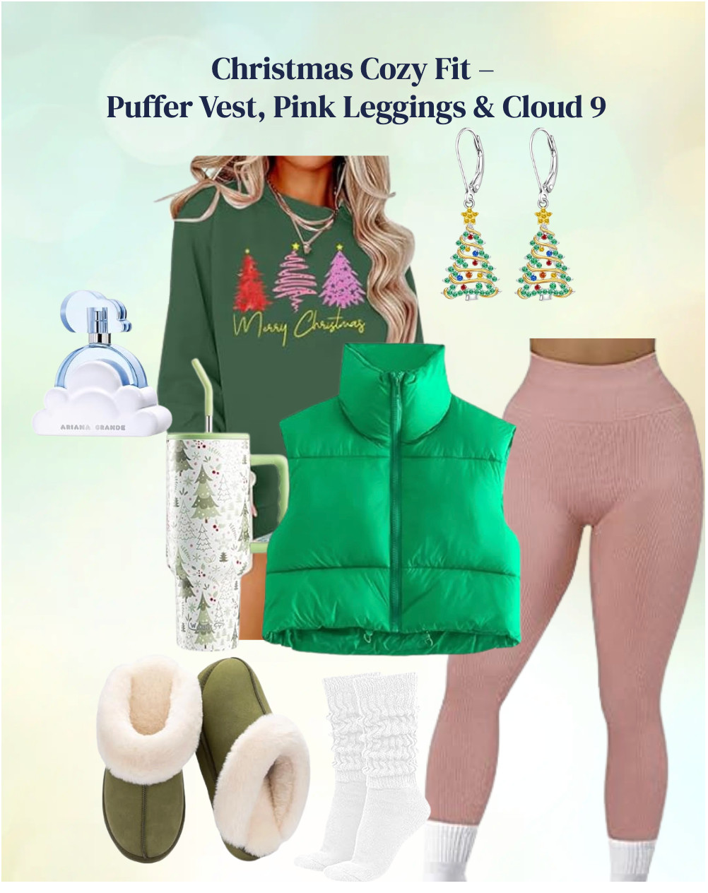 This holiday outfit includes a Merry Christmas graphic sweatshirt, a warm green puffer vest, ribbed leggings, sherpa-lined slippers, and cozy socks. Paired with Cloud 9 perfume, this look blends comfort and sweetness — perfect for baking cookies, gift wrapping, or Christmas shopping. #ChristmasOutfit #HolidayStyle #CozyChristmas #PufferVest #Cloud9Perfume #LTKHoliday #AmazonFashion #HolidayAesthetic #WinterOOTD #perfume 

 #LTKgrwm #LTKootd #LTKFindsUnder50