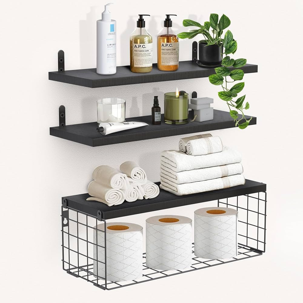piorlado Wall Shelf Wood 03 (Set of 3) with Metal Storage Basket Black Floating Shelf Modern Deco... | Amazon (UK)