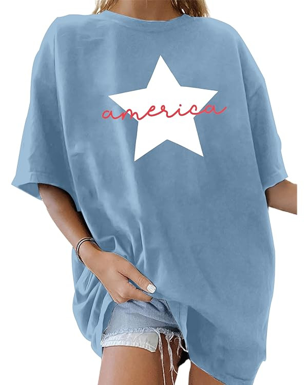 4th of July Oversize Shirts Women American Star Shirt USA Patriotic Tops Funny Patriotic Tee Inde... | Amazon (US)
