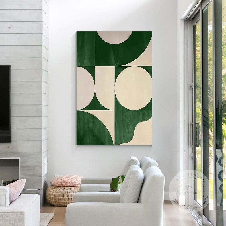 Green Beige Geometric Painting on Canvas, Minimalist Painting Wall Art Vertical Abstract Painting... | Etsy (US)
