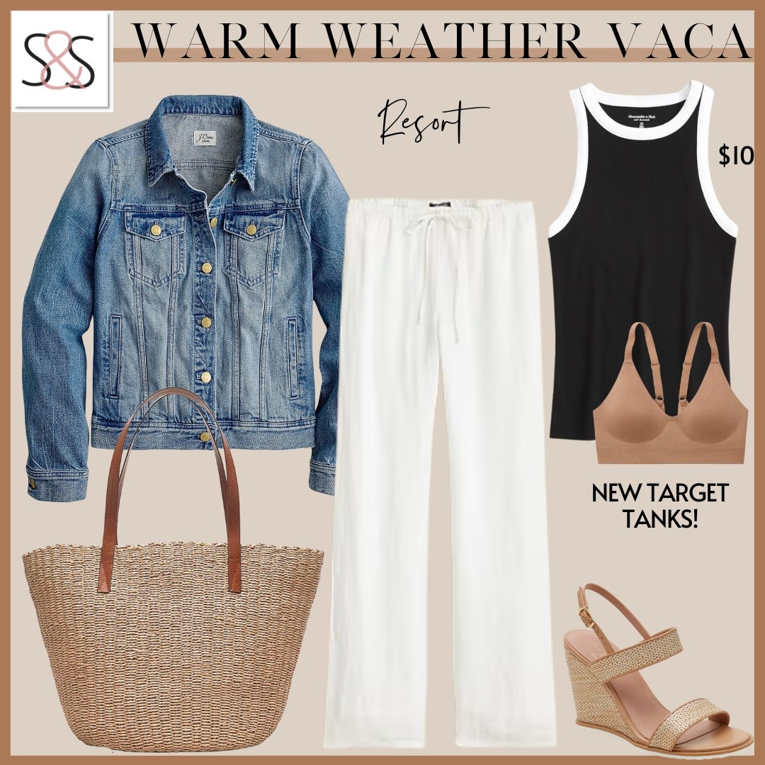 What to wear for a warm weather vacation. Pair a $10 Target tank with linen pants and a denim jacket for an easy look that feels polished and resort-ready. Add wedges and a straw tote to finish the outfit.

Sunsets and Stilettos warm weather outfit Target tank outfit idea resort outfit spring outfit linen pants denim jacket resort capsule travel outfit neutral wedges vacation packing coastal style

#LTKSeasonal #LTKFindsUnder50 #LTKOver40
