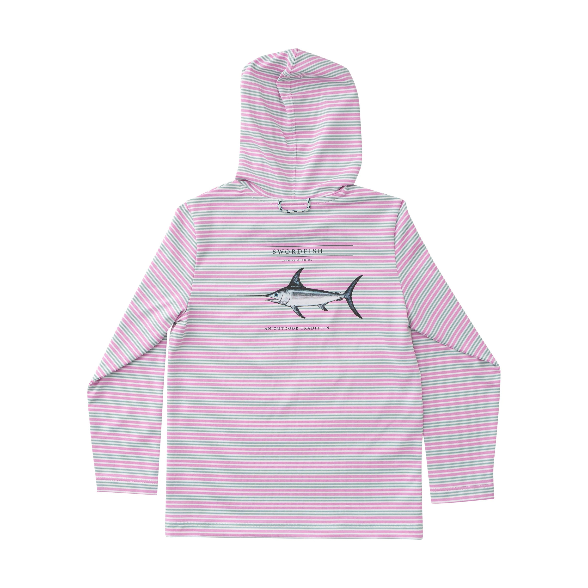Girl's Pro Performance Hoodie T-shirt in Pink and Green Stripe with Swordfish | PRODOH