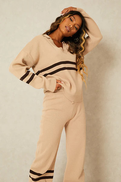 Stone Varsity Collared Knitted Jogger Set | ISAWITFIRST UK