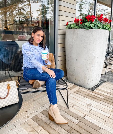 Lace puff sleeve top (runs tts but if you’re small in the shoulders size down) Good American jeans, and Vince Camuto booties. (Love these. They run tts. ) 
Petite style. 
Holiday style  

#LTKunder100 #LTKsalealert #LTKSeasonal