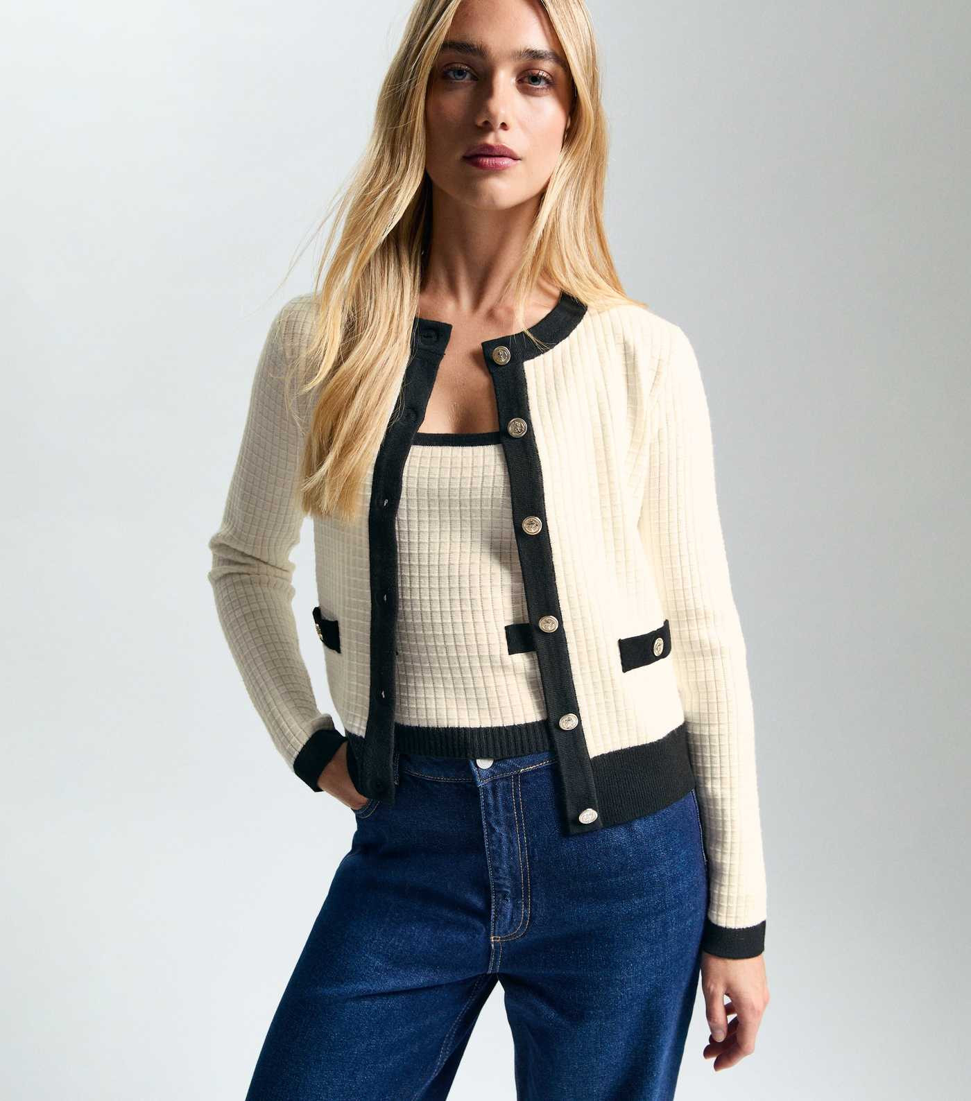 White Contrast Trim Waffle Knit Cardigan | New Look | New Look (UK)
