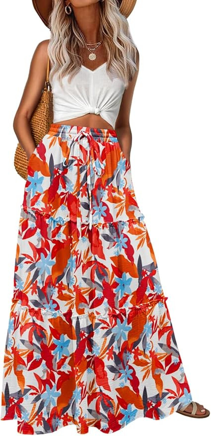 Lepunuo Womens Casual Boho High Waisted Flowy Maxi Skirts Tiered Floral Long Skirts with Pockets ... | Amazon (US)