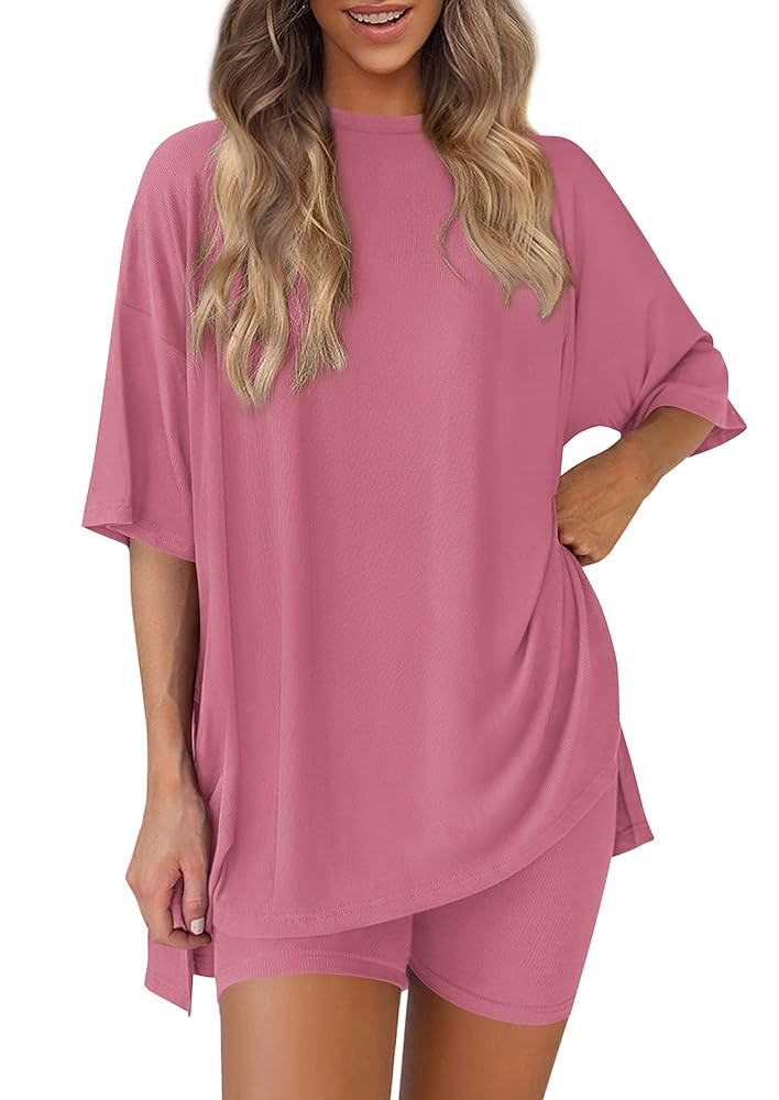 PRETTYGARDEN Women's Two Piece Lounge Set 2025 Summer Casual Oversized Shirts Biker Shorts Matchi... | Amazon (US)