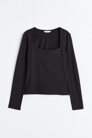 Long-sleeved Jersey Top - Square Neckline - Long sleeve - Black - Ladies | H&M US | H&M (US + CA)