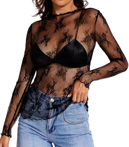 Womens Lace Long Sleeve Mesh Top Mock Neck Sheer Blouse See Through Floral Layering Shirt | Amazon (US)