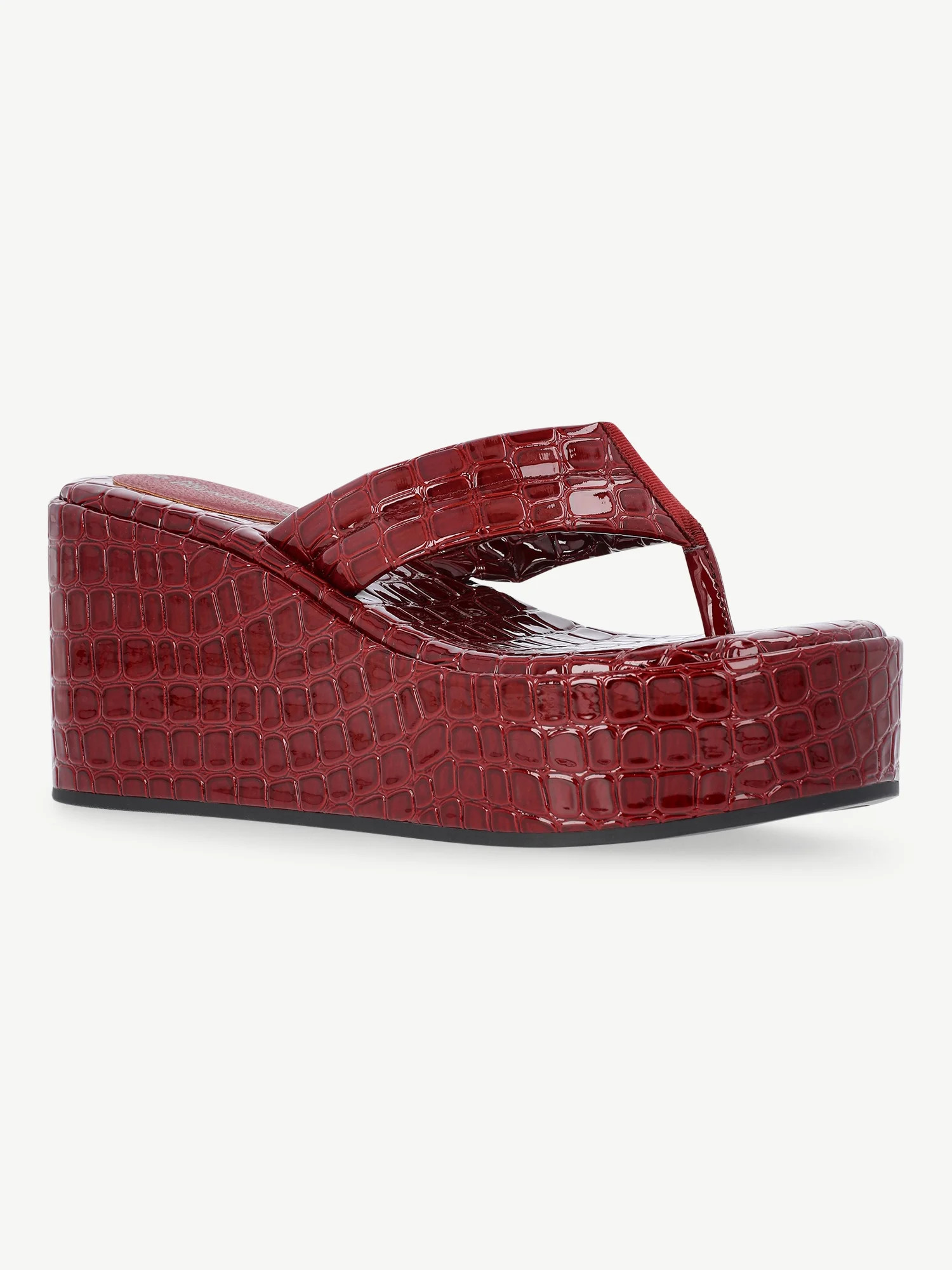 No Boundaries Embossed Faux Leather Platform Thong Sandals, Women's | Walmart (US)
