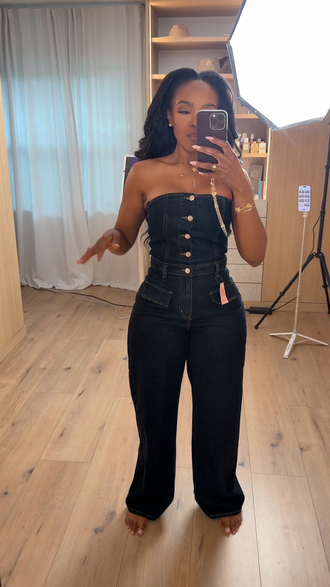 Scroll to shop this all-denim moment featuring a structured strapless top paired with high-waisted wide-leg jeans for a bold, flattering silhouette. Matching sets like this are easy to style on repeat or mix separately, making them a smart wardrobe staple where the cost per wear keeps dropping.

Perfect for date nights, girls night out, brunch, events, or a statement casual look.

5'4" | 138 lbs | 34D bust | 27" waist | 40" hips

Follow me on Instagram and YouTube @kirasfashionfinds