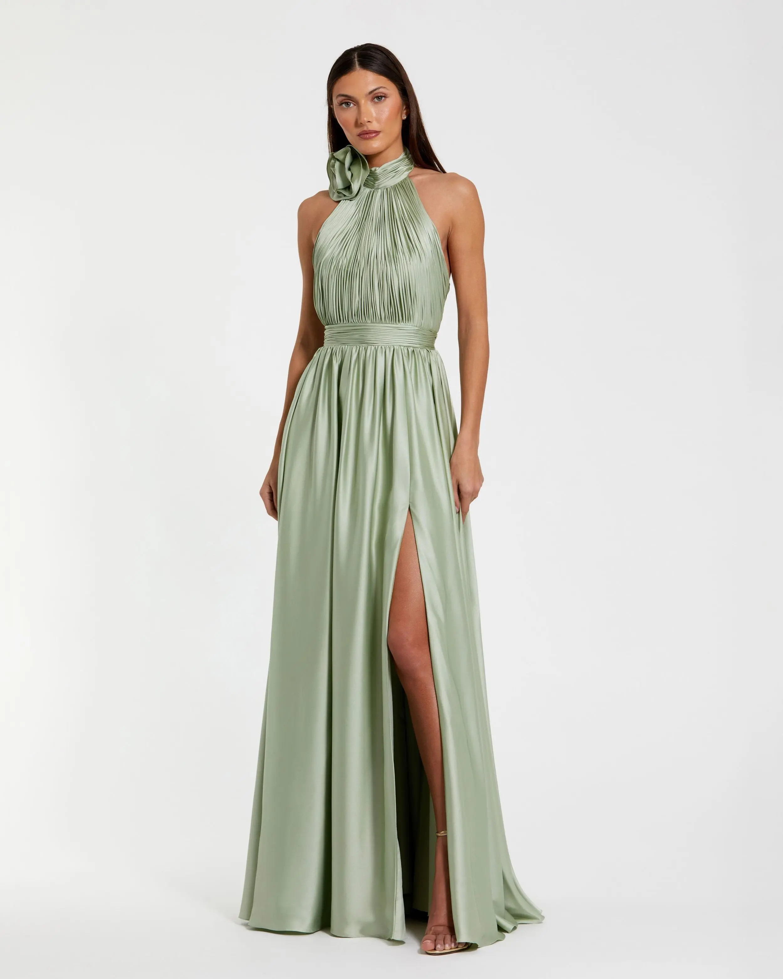 Green Soft Tie Halter Neck High Slit Gown | Mac Duggal | Mac Duggal