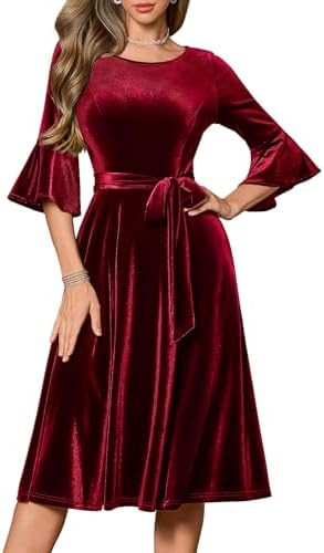 HomRain Women's Long Sleeve Velvet Midi Dresses for Wedding Guest Church Formal Winter Christmas ... | Amazon (US)