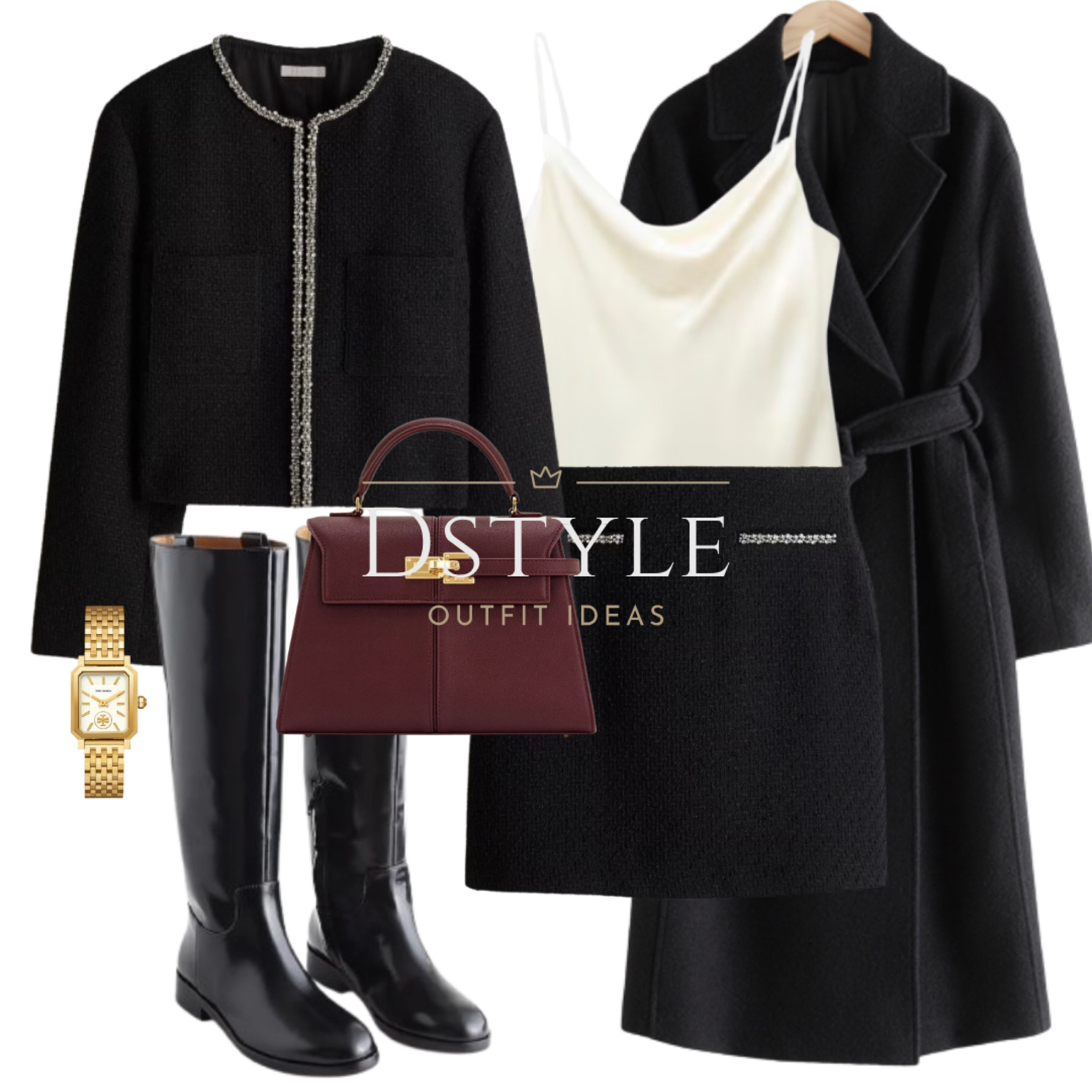 Black rhinestone-embellished bouclé jacket, black bouclé mini skirt, off-white silk satin top, black belted coat, black knee-high boots, burgundy bag

#LTKFindsUnder50 #LTKWorkwear #LTKStyleTip