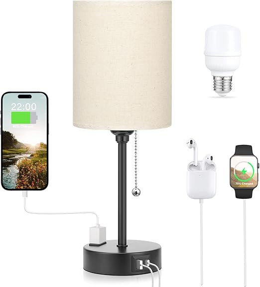 Beige Small Lamps 3 Levels Brightness - 2700K 3500K 5000K Bedside Lamps with USB C and A Ports, P... | Amazon (US)