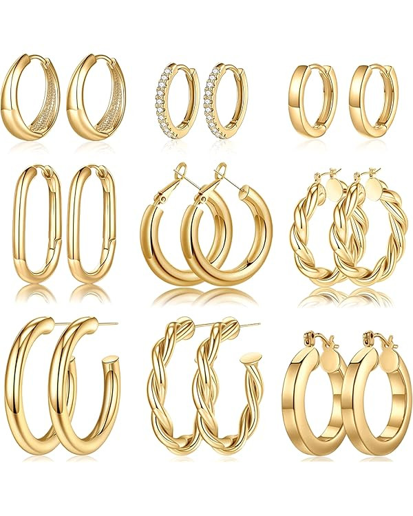 Yesteel 9 Pairs Gold Hoop Earrings for Women, 14K Real Gold Plated Chunky Hoop Earrings Set for W... | Amazon (US)