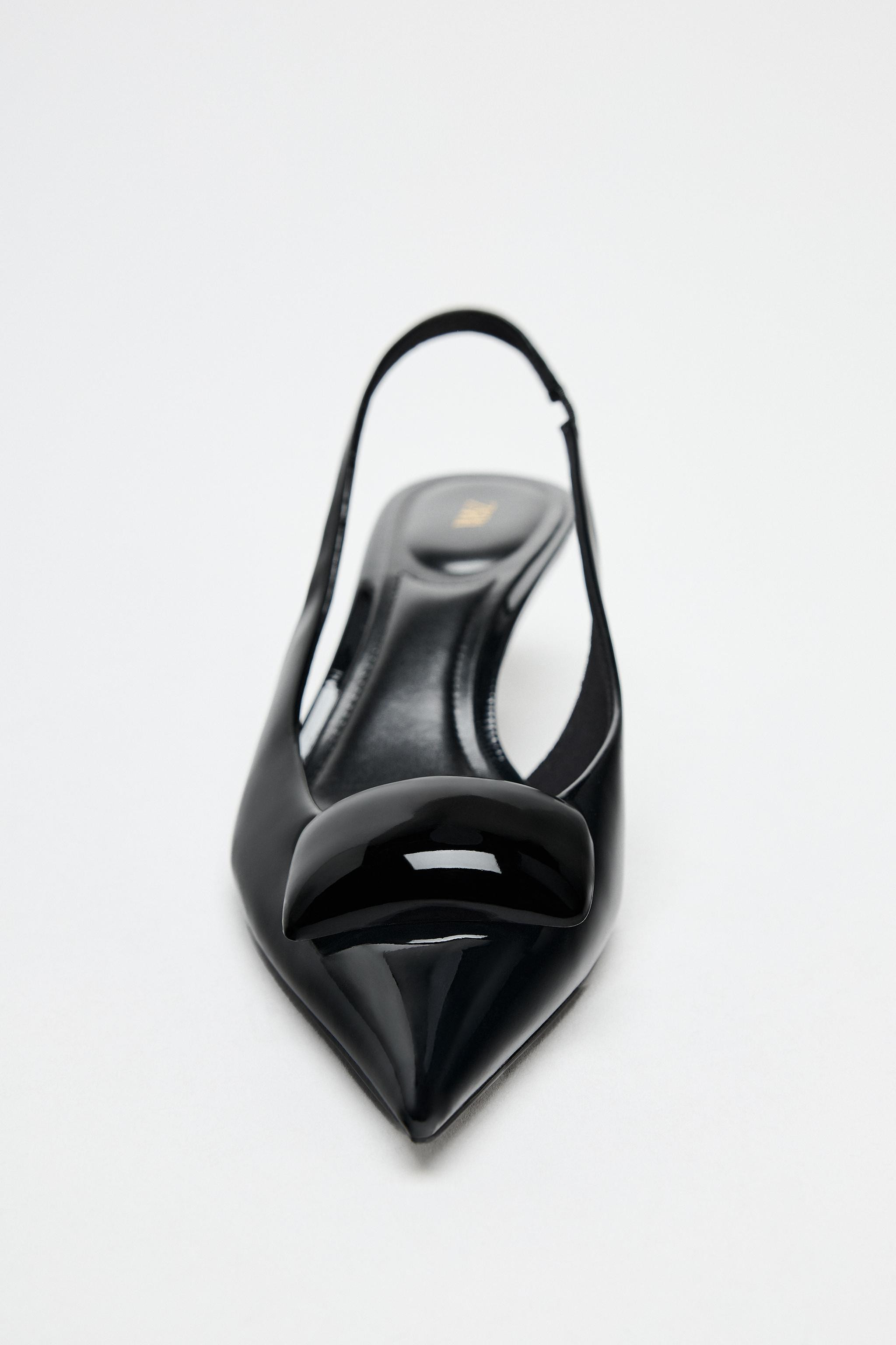 Sling back shoes with faux patent leather effect. Thin heel. Front metal detail. Back strap with ... | Zara US