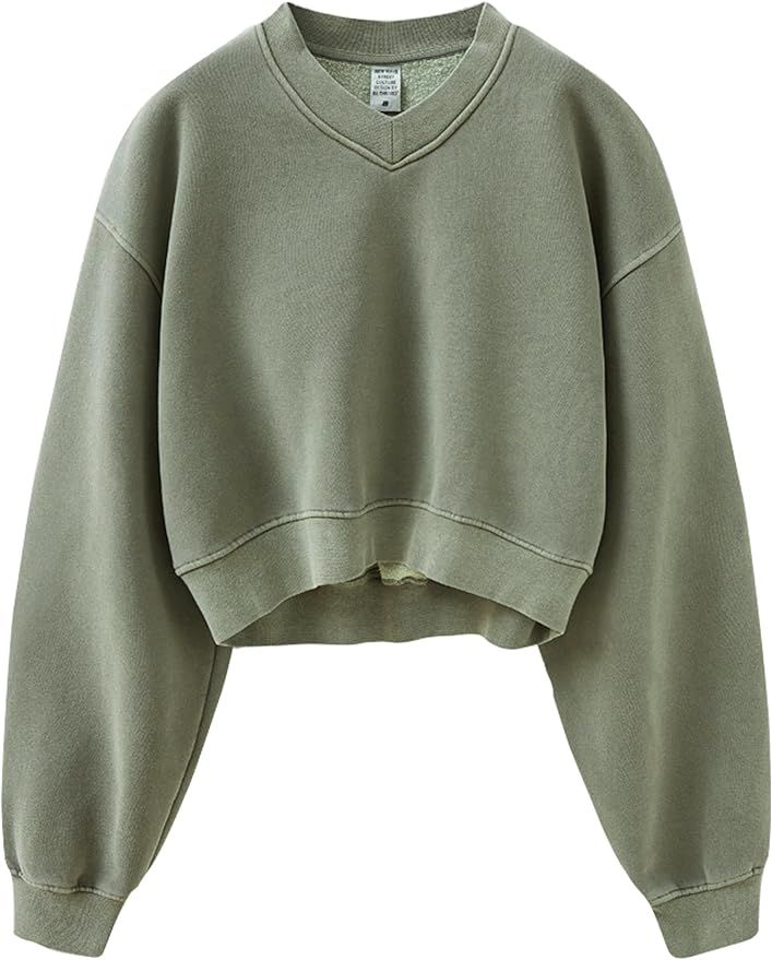 Meladyan Women Casual Cropped Sweatshirt Basic Solid Long Sleeve Fleece V Neck Loose Drop Shoulde... | Amazon (US)
