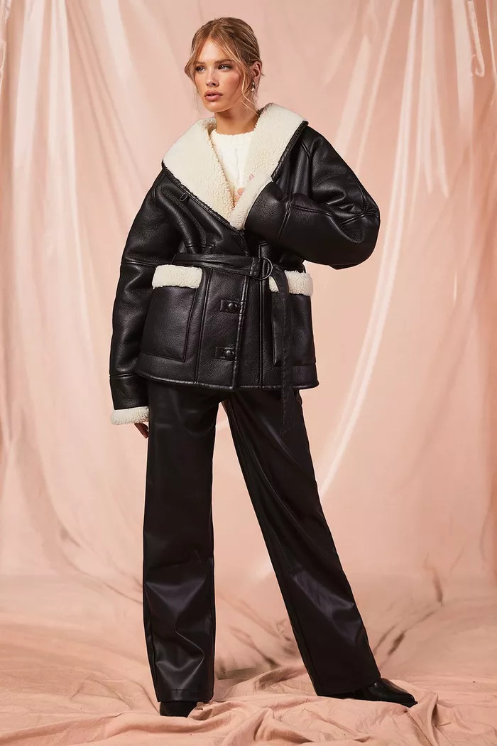 Faux Leather Belted Aviator Jacket | boohoo (US & Canada)