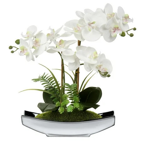 Artificial Flowers 15" White Orchid Flower Phalaenopsis Orchid in Silver Boat Shaped Vase Realistic Touch Faux Orchid Plant | Walmart (US)