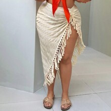 Fringe Trim Knot Side Asymmetrical Hem Skirt | SHEIN