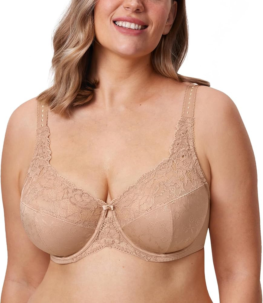 DELIMIRA Women's Plus Size Full Coverage Underwire Unlined Minimizer Lace Bra | Amazon (US)