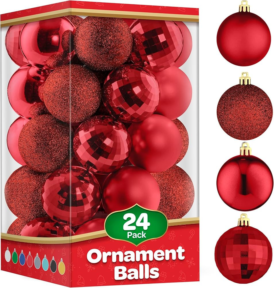 Christmas Ornaments Set of 24 - Beautiful [Red] Christmas Tree Decorations Ornaments Set - 4 Styl... | Amazon (US)