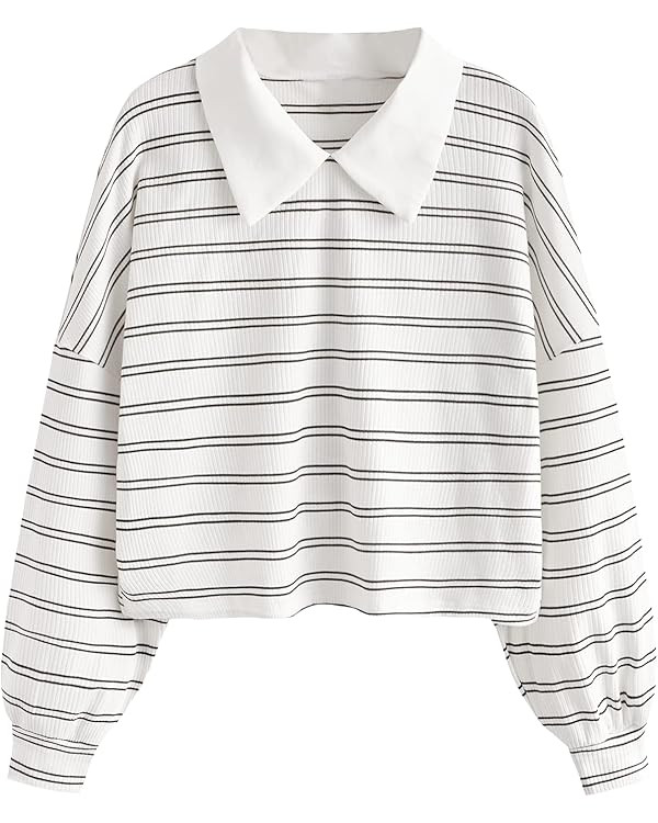SweatyRocks Women's Casual Long Sleeve Striped Tee Top Collar Neck T-Shirt | Amazon (US)