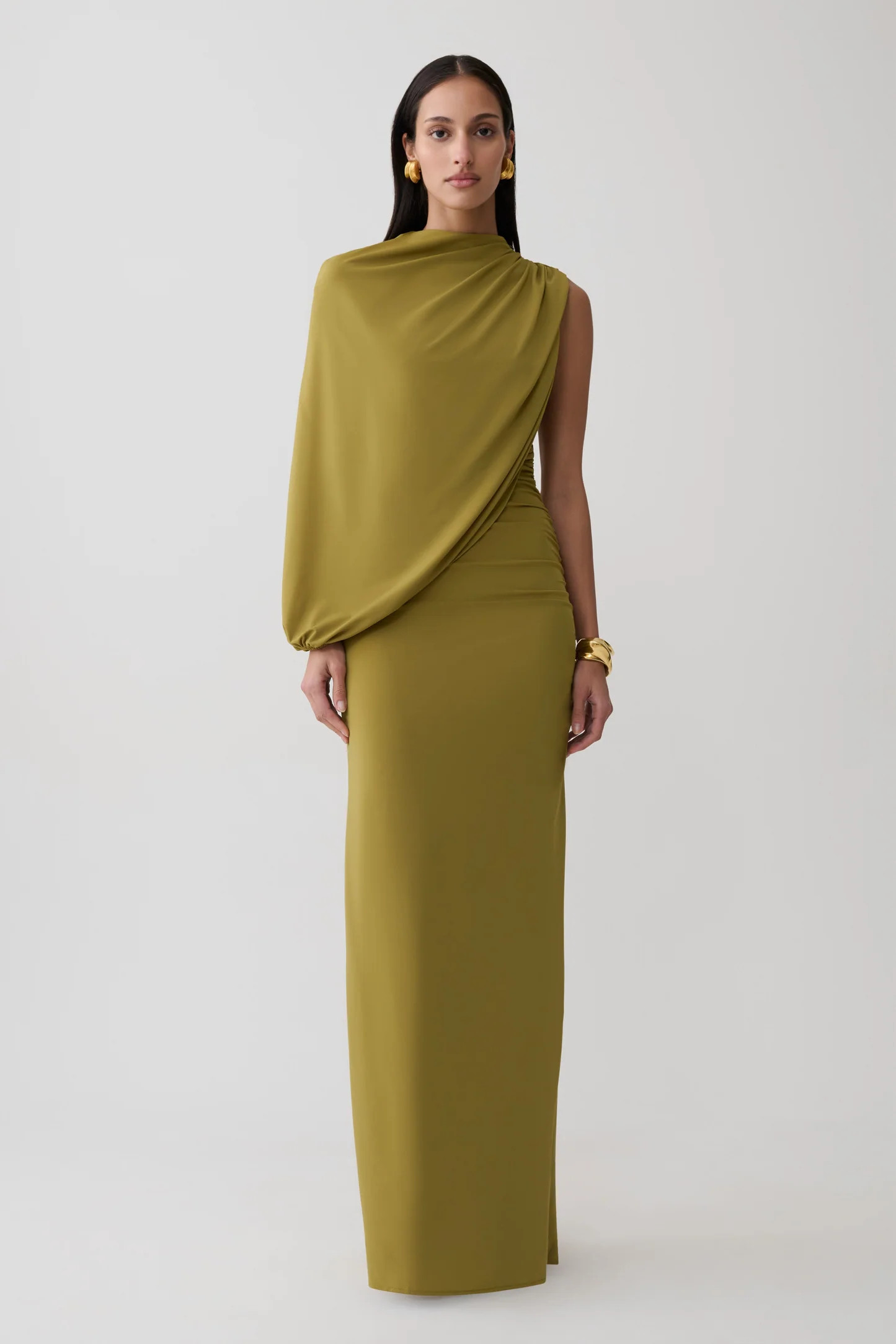 Yuri Gather Sleeve Maxi Dress - Martini Olive | MESHKI US