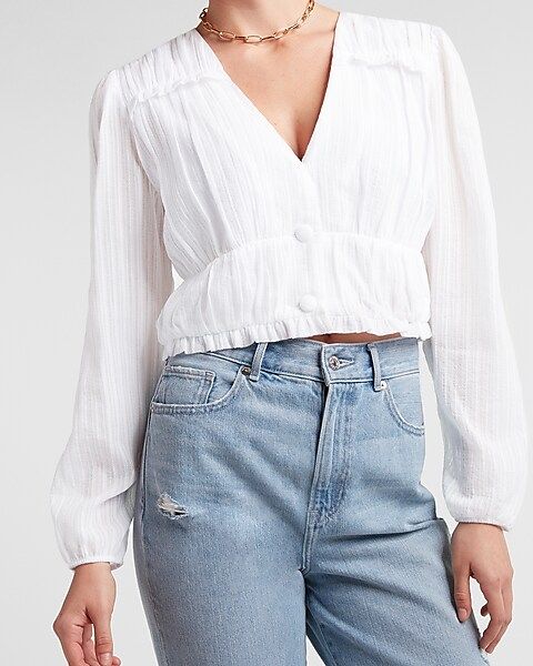 Textured Ruffle Button Front Cropped Top | Express