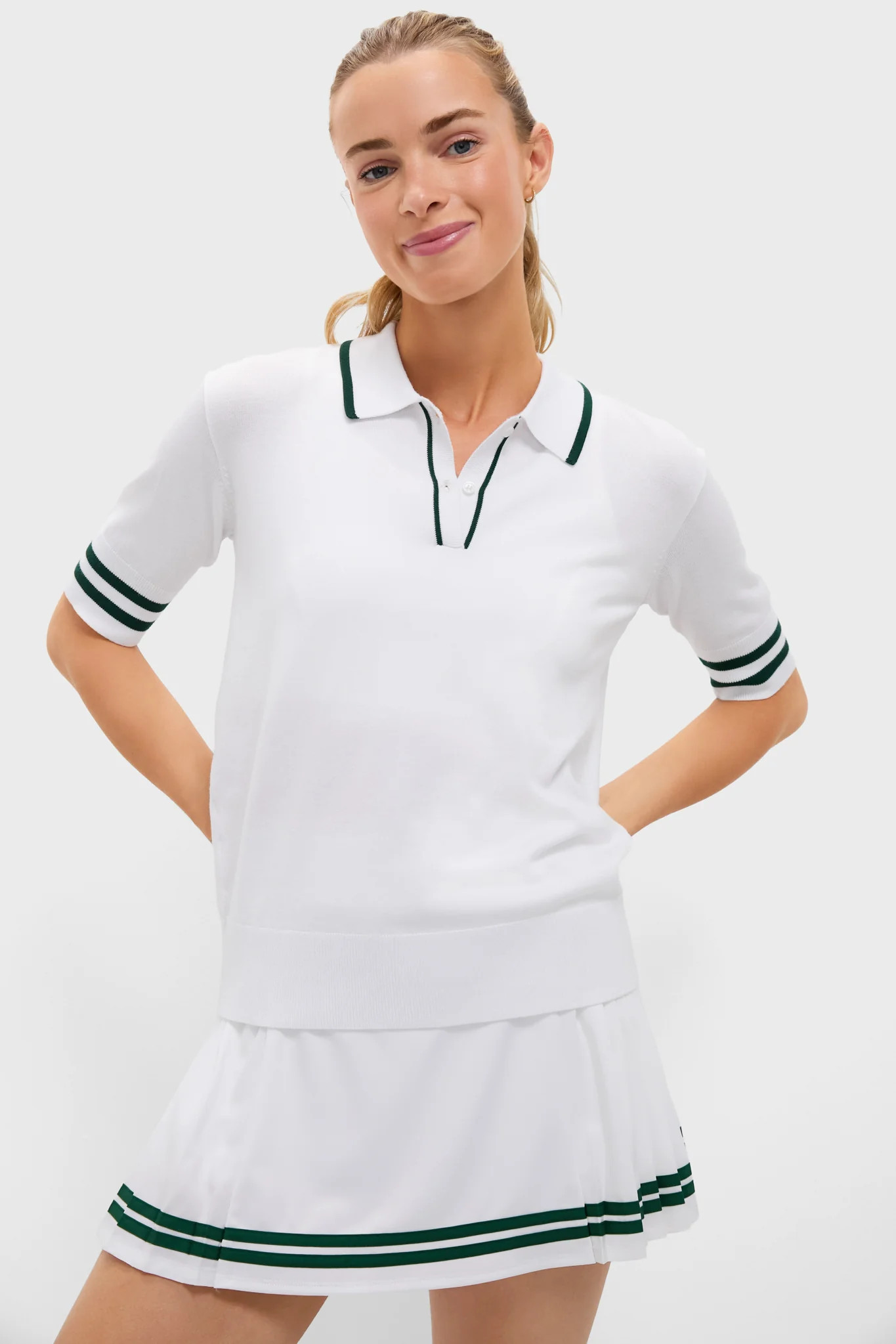 White and Green Short Sleeve Performance Knit Nora Sweater Polo | Tuckernuck (US)