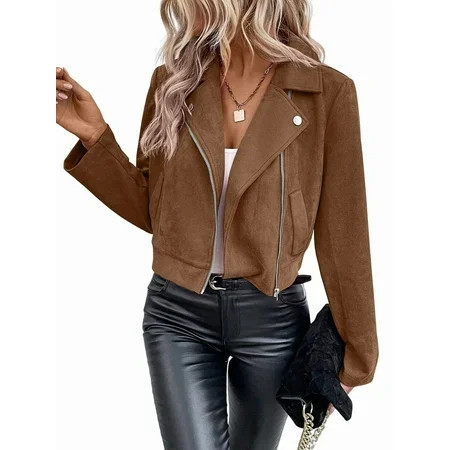 Women'S Cropped Zipper Long Sleeve Suede Faux Leather Blazer Jacket Autumn Fashion Outerwear Coffee S | Walmart (US)