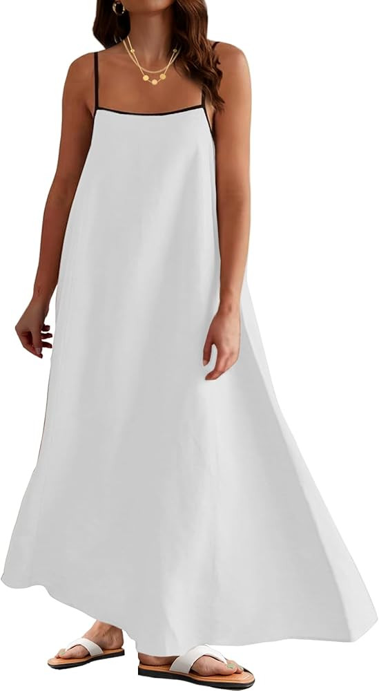 Womens Linen Maxi Dress Contrast Trim Spaghetti Straps Summer Outfits Travel Vacation Sleeveless ... | Amazon (US)