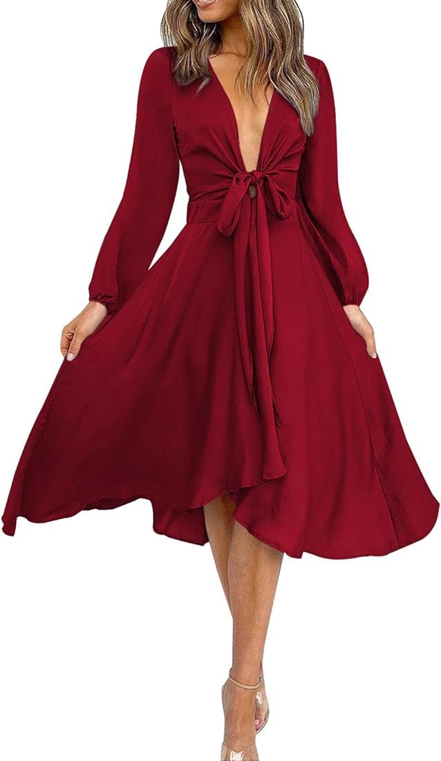 miduo Womens Dresses Satin Fashion V Neck Self Tie Long Sleeve High Waist Skater Midi Dresses for... | Amazon (US)