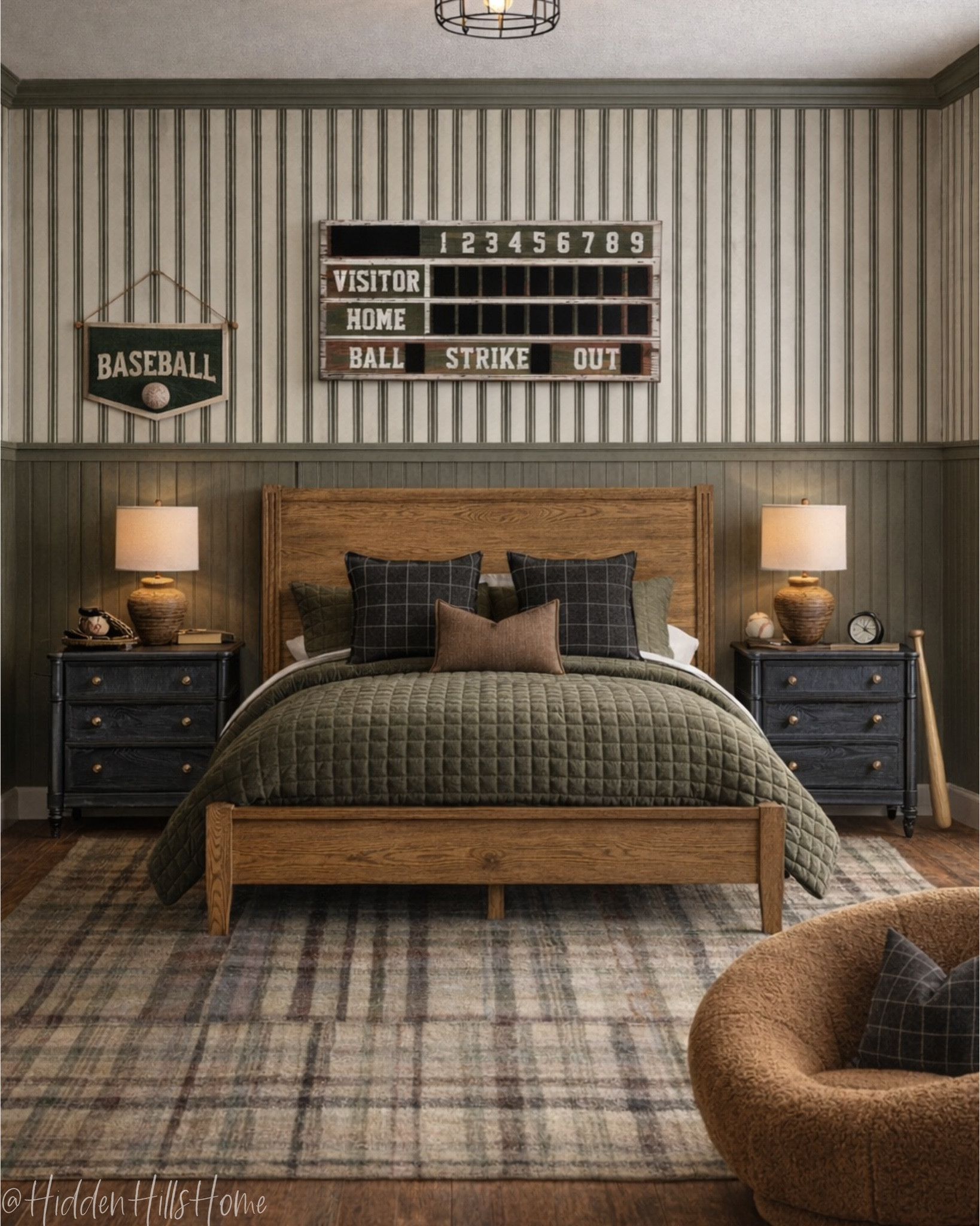 Masculine boys room decor mood board! Tween, preteen or teen boys bedroom design, home decor ideas, masculine room decor, bedroom rug, nightstands, dessser, sports themed bedroom ideas #boys