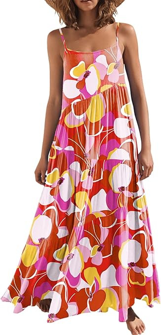 ANRABESS Women’s Summer Casual Loose Sleeveless Spaghetti Strap Asymmetric Tiered Beach Maxi Lo... | Amazon (US)